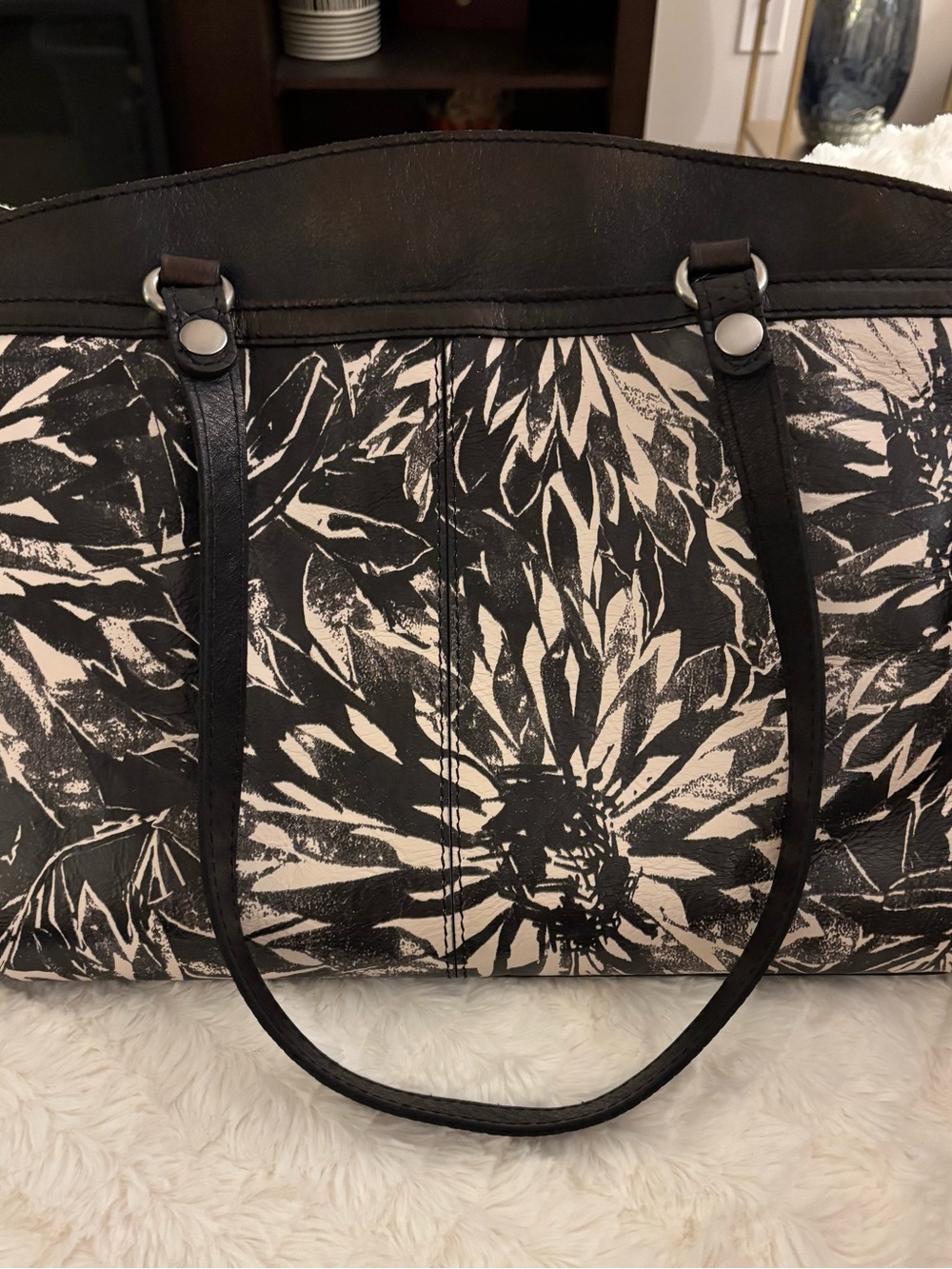 Patricia Nash Poppy Metallic Black Leather Satchel Black Tan Print w/ Dust Bag